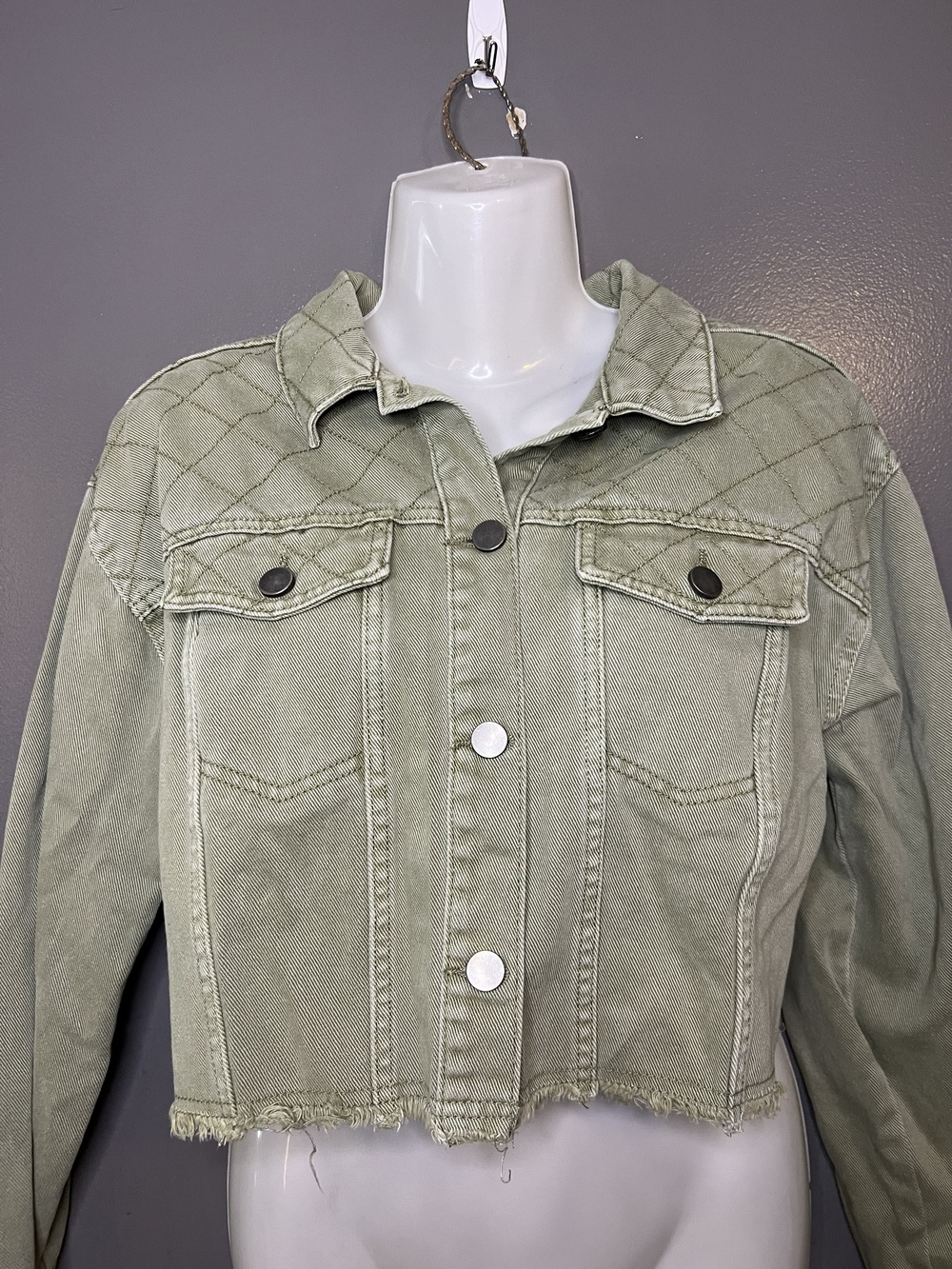 Splendid Jacket Womens Small Green Quilted Denim Cropped Raw Hem Button Front